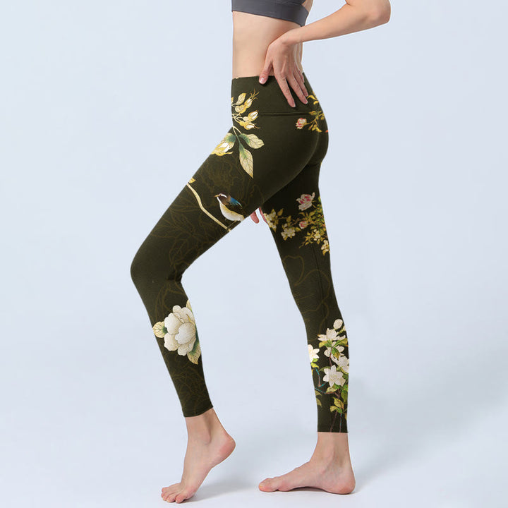 Leggings da palestra con stampa di fiori di magnolia nera Buddha Stones Pantaloni da yoga da donna - image 3