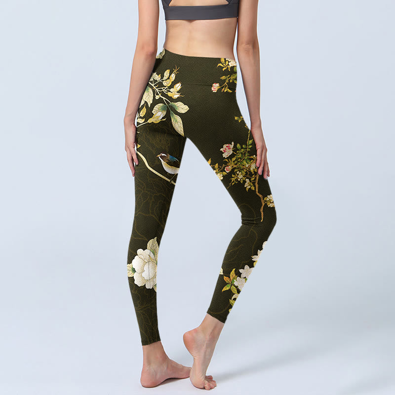 Leggings da palestra con stampa di fiori di magnolia nera Buddha Stones Pantaloni da yoga da donna - image 5