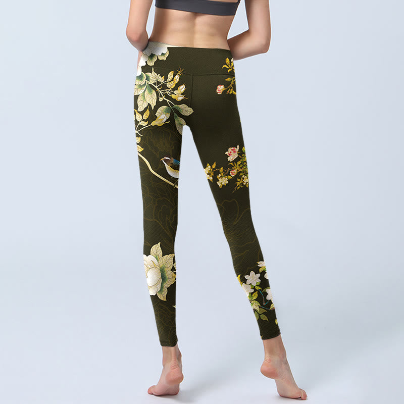 Leggings da palestra con stampa di fiori di magnolia nera Buddha Stones Pantaloni da yoga da donna - image 7