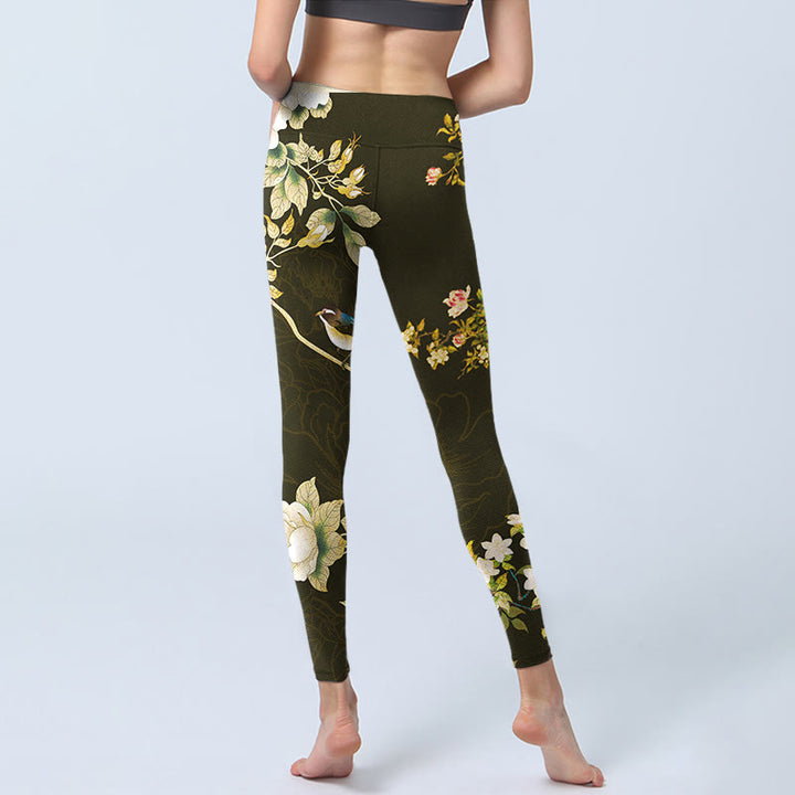Leggings da palestra con stampa di fiori di magnolia nera Buddha Stones Pantaloni da yoga da donna - image 7