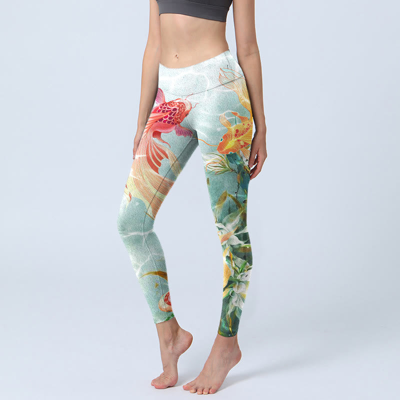 Leggings da palestra con stampa Buddha Stones Green Koi Fish White Lotus Water Ripples Pantaloni da yoga da donna - Melata - US18, UK/AU22, EU50 (4XL) - image 0