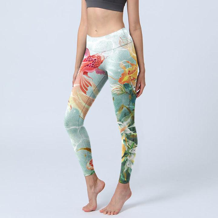 Leggings da palestra con stampa Buddha Stones Green Koi Fish White Lotus Water Ripples Pantaloni da yoga da donna - Melata - US18, UK/AU22, EU50 (4XL) - image 0