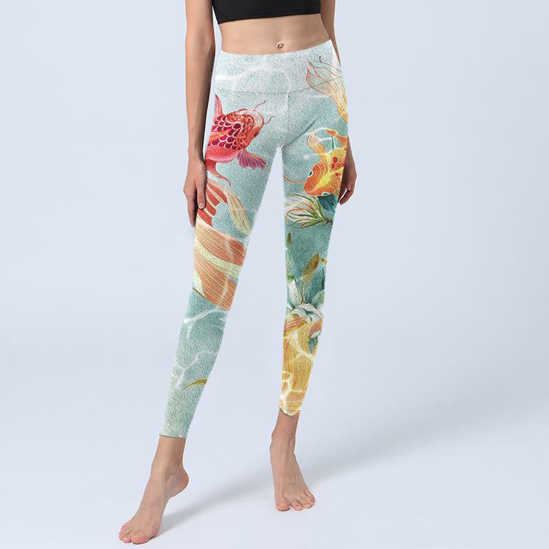 Leggings da palestra con stampa Buddha Stones Green Koi Fish White Lotus Water Ripples Pantaloni da yoga da donna - image 5