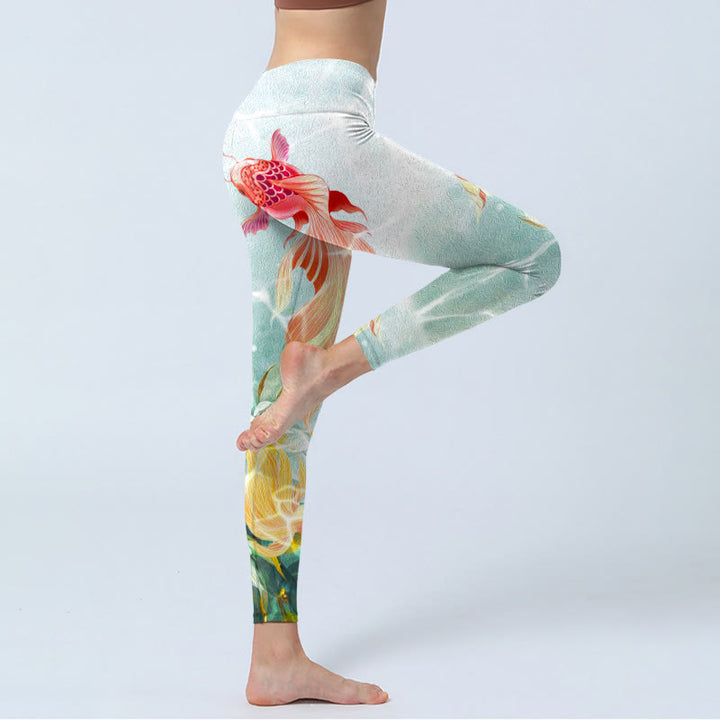 Leggings da palestra con stampa Buddha Stones Green Koi Fish White Lotus Water Ripples Pantaloni da yoga da donna - image 3
