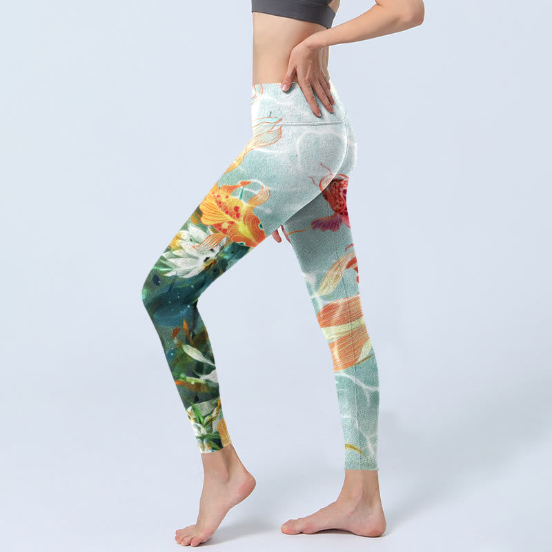 Leggings da palestra con stampa Buddha Stones Green Koi Fish White Lotus Water Ripples Pantaloni da yoga da donna - image 2
