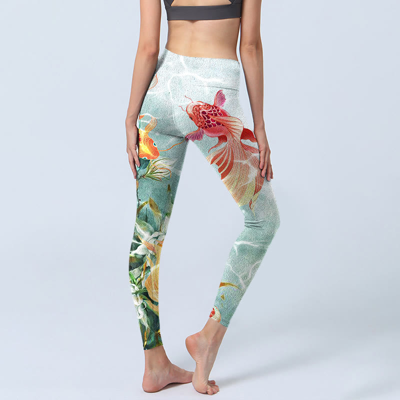 Leggings da palestra con stampa Buddha Stones Green Koi Fish White Lotus Water Ripples Pantaloni da yoga da donna - image 4