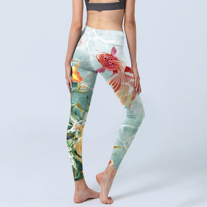 Leggings da palestra con stampa Buddha Stones Green Koi Fish White Lotus Water Ripples Pantaloni da yoga da donna - image 4