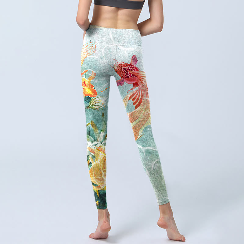 Leggings da palestra con stampa Buddha Stones Green Koi Fish White Lotus Water Ripples Pantaloni da yoga da donna - image 6