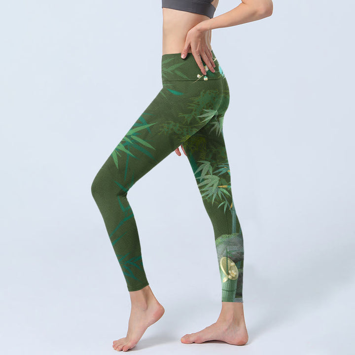Leggings da palestra con stampa di fiori di roccia di bambù verde Buddha Stones Pantaloni da yoga da donna - image 3