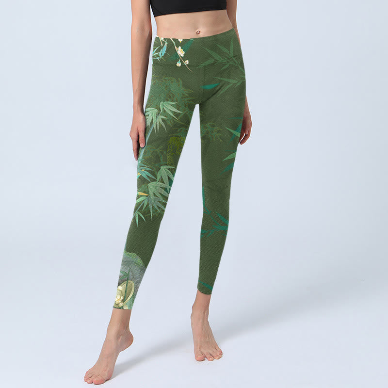 Leggings da palestra con stampa di fiori di roccia di bambù verde Buddha Stones Pantaloni da yoga da donna - image 6