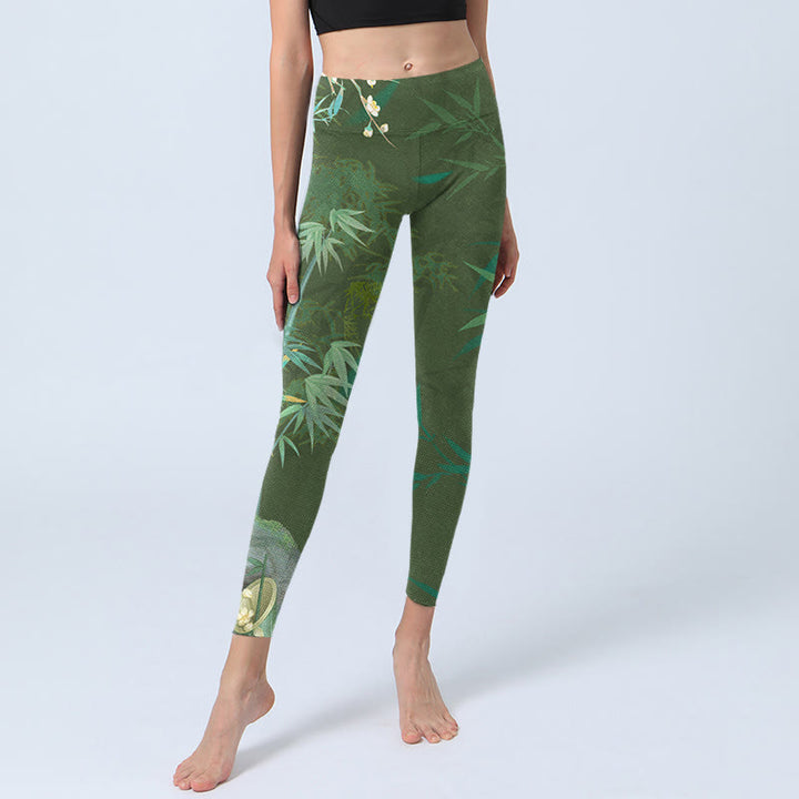 Leggings da palestra con stampa di fiori di roccia di bambù verde Buddha Stones Pantaloni da yoga da donna - image 6