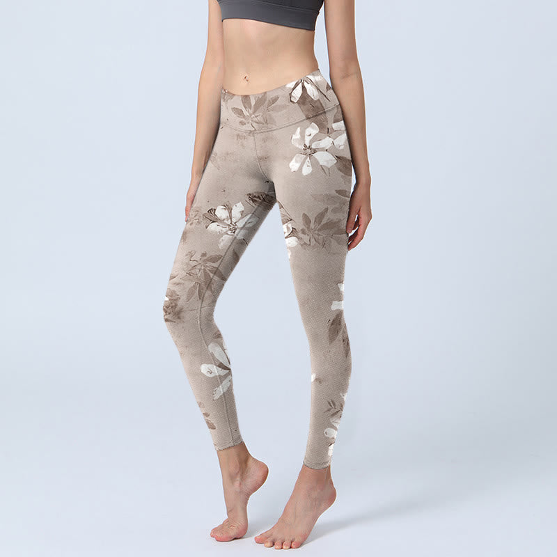 Leggings da palestra con motivo a fiori marroni e bianchi Buddha Stones, pantaloni da yoga da donna - BurlyWood - US18, UK/AU22, EU50 (4XL) - image 1