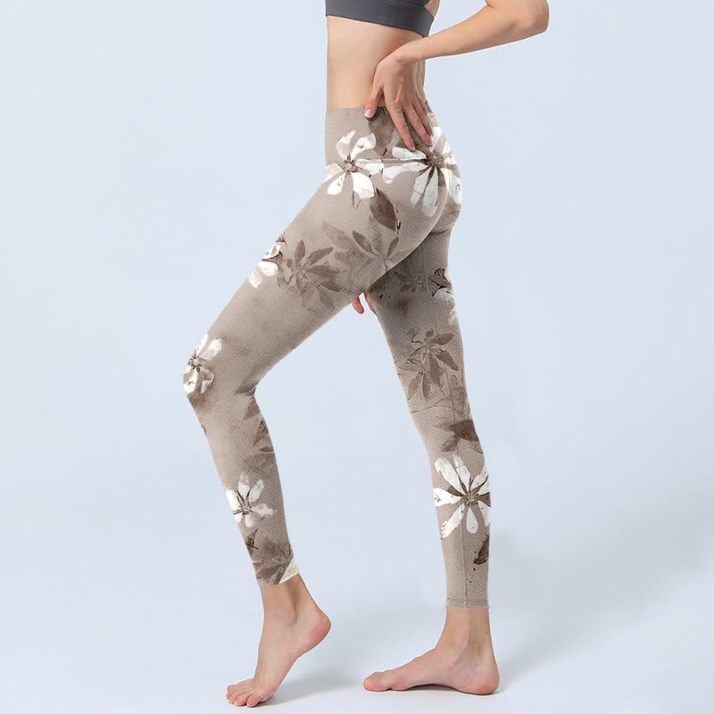 Leggings da palestra con motivo a fiori marroni e bianchi Buddha Stones, pantaloni da yoga da donna - image 3