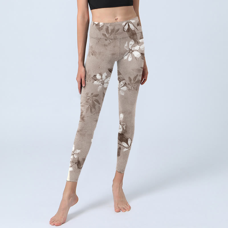 Leggings da palestra con motivo a fiori marroni e bianchi Buddha Stones, pantaloni da yoga da donna - image 6