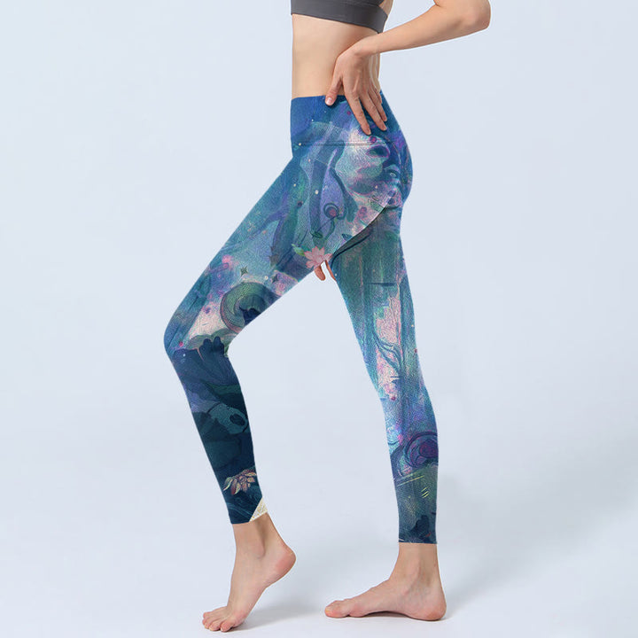 Buddha Stones Fiori di Loto Foglie Uccelli Leggings da Palestra Pantaloni da Yoga da Donna - image 3