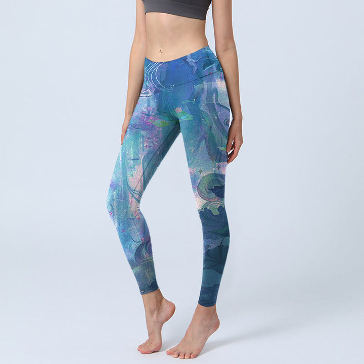 Buddha Stones Fiori di Loto Foglie Uccelli Leggings da Palestra Pantaloni da Yoga da Donna - Blu Reale - US18, UK/AU22, EU50 (4XL) - image 0