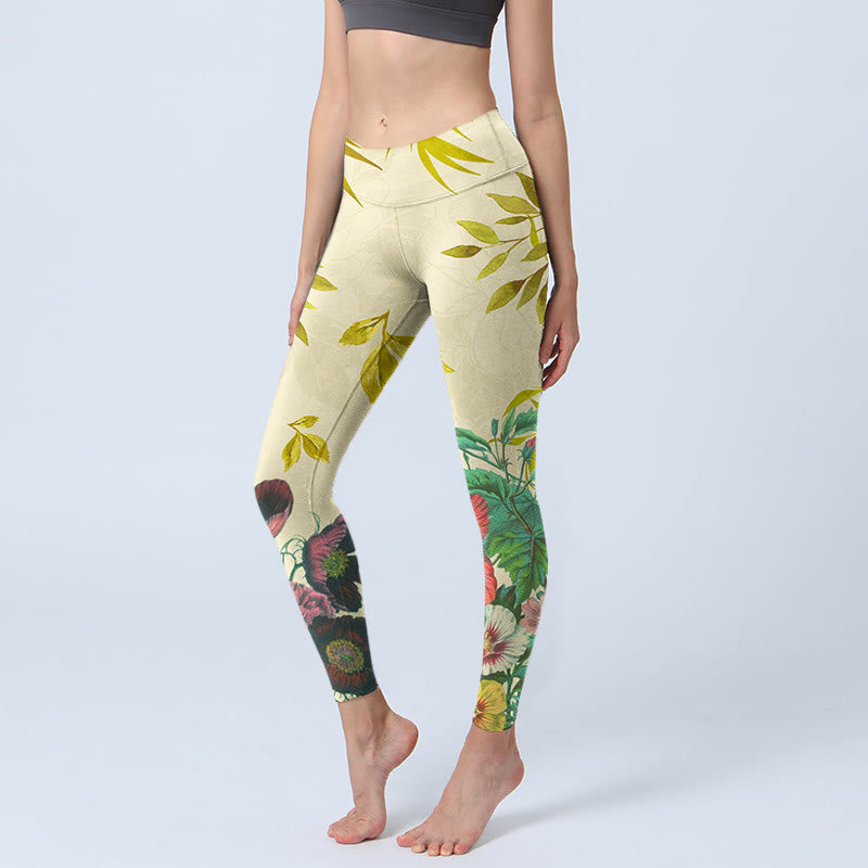 Buddha Stones Foglie verdi dorate Fiori colorati Leggings da palestra Pantaloni da yoga da donna - Cachi - US18, UK/AU22, EU50 (4XL) - image 0