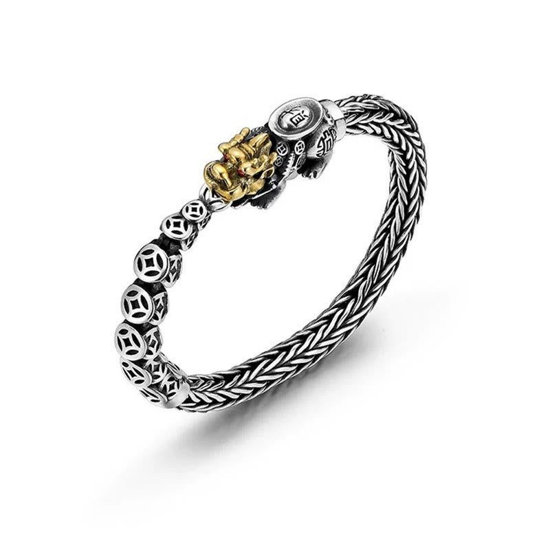 Buddha Stones 925 Sterling Silver PiXiu Monete di rame Lingotto Ricchezza Bracciale Bangle - 22 cm adatto per circonferenza polso 20 cm - image 0