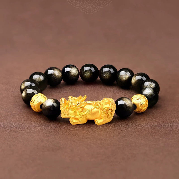 Braccialetto della ricchezza PiXiu Om Mani Padme Hum in ossidiana naturale lucidata in oro Buddha Stones
