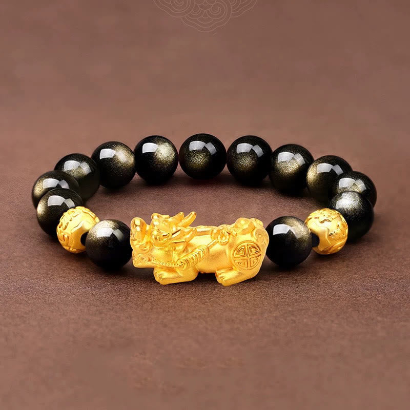 Braccialetto della ricchezza PiXiu Om Mani Padme Hum in ossidiana naturale lucidata in oro Buddha Stones