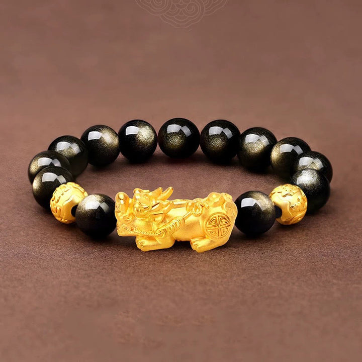 Braccialetto della ricchezza PiXiu Om Mani Padme Hum in ossidiana naturale lucidata in oro Buddha Stones