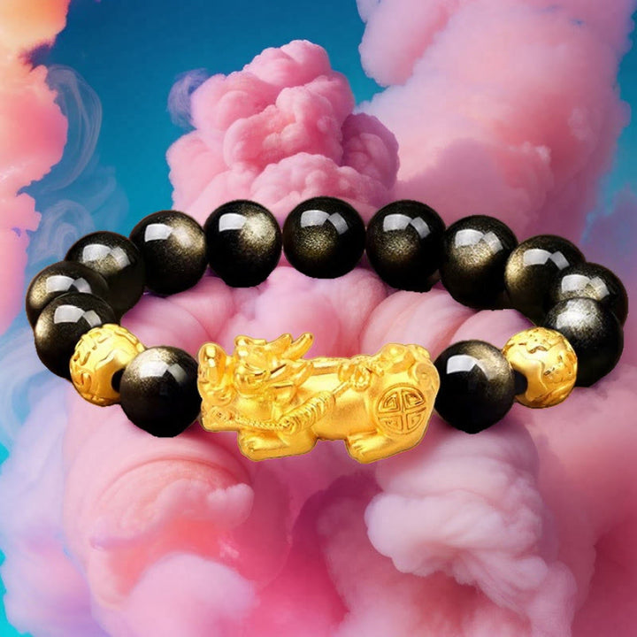 Braccialetto della ricchezza PiXiu Om Mani Padme Hum in ossidiana naturale lucidata in oro Buddha Stones
