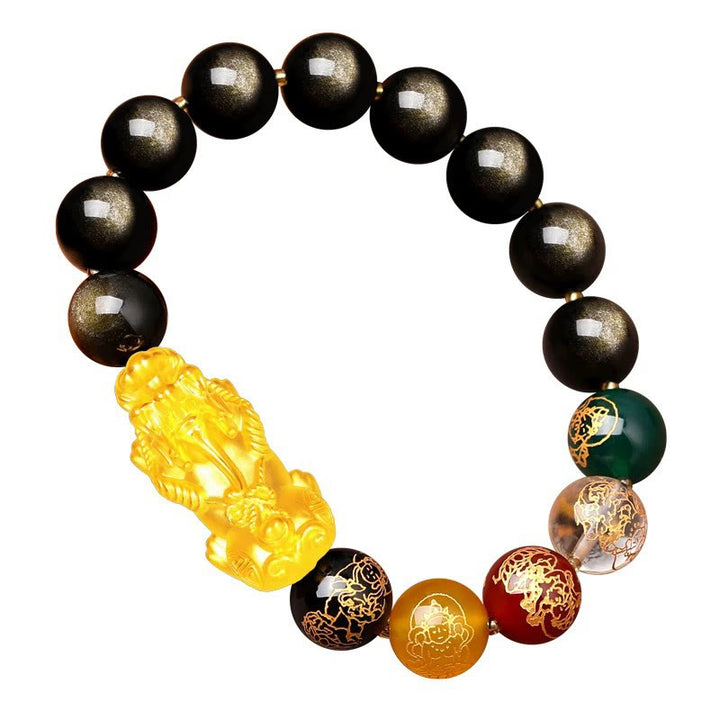Buddha Stones Natural Gold Sheen Ossidiana PiXiu Cinque Direzioni Braccialetto di Protezione degli Dei della Ricchezza