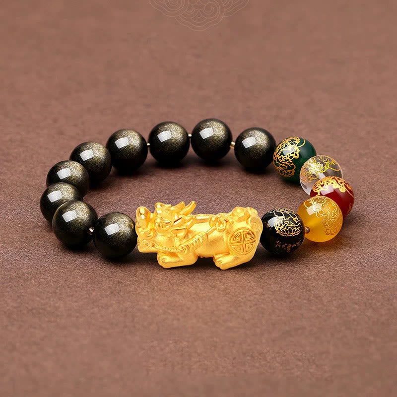 Buddha Stones Natural Gold Sheen Ossidiana PiXiu Cinque Direzioni Braccialetto di Protezione degli Dei della Ricchezza