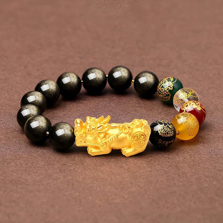 Buddha Stones Natural Gold Sheen Ossidiana PiXiu Cinque Direzioni Braccialetto di Protezione degli Dei della Ricchezza