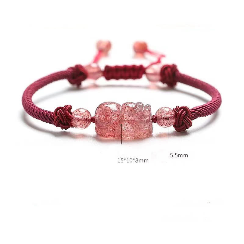 Braccialetto di protezione intrecciato in corda rossa naturale al quarzo fragola PiXiu Buddha Stones