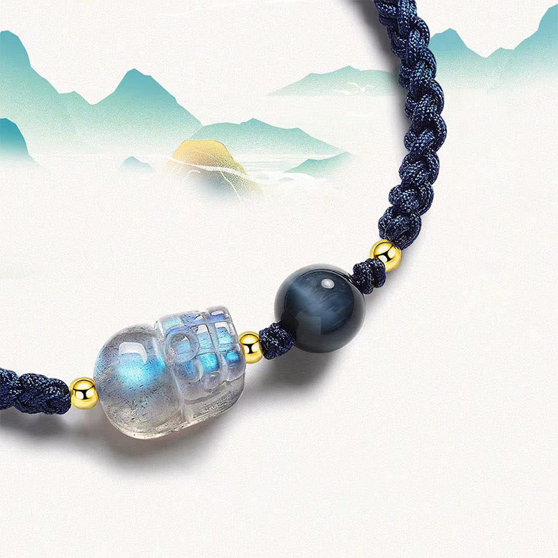 Buddha Stones Moonstone PiXiu Blue Tiger Eye Fu Character Braccialetto di corda di coppia curativo