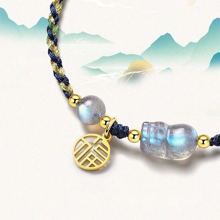 Buddha Stones Moonstone PiXiu Blue Tiger Eye Fu Character Braccialetto di corda di coppia curativo