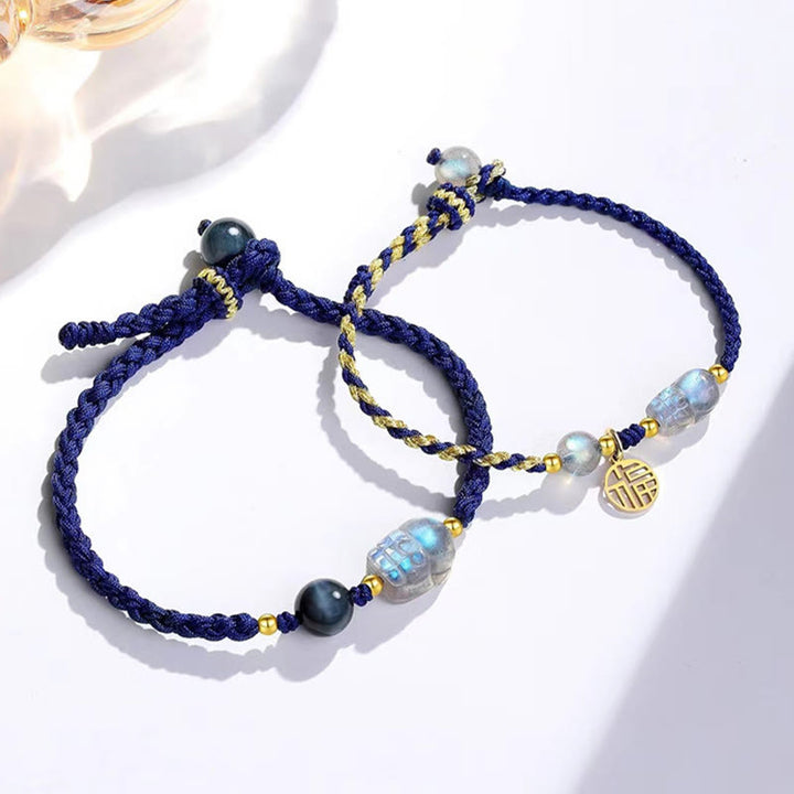 Buddha Stones Moonstone PiXiu Blue Tiger Eye Fu Character Braccialetto di corda di coppia curativo