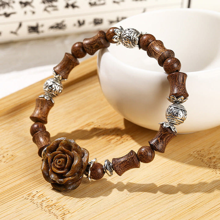 Braccialetto curativo con motivo di sandalo e bambù, motivo camelia , Buddha Stones