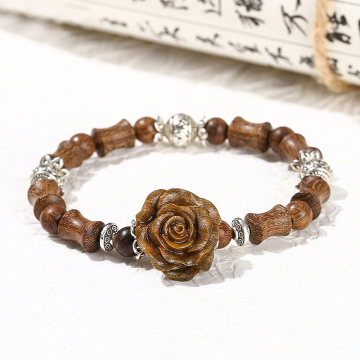 Braccialetto curativo con motivo di sandalo e bambù, motivo camelia , Buddha Stones