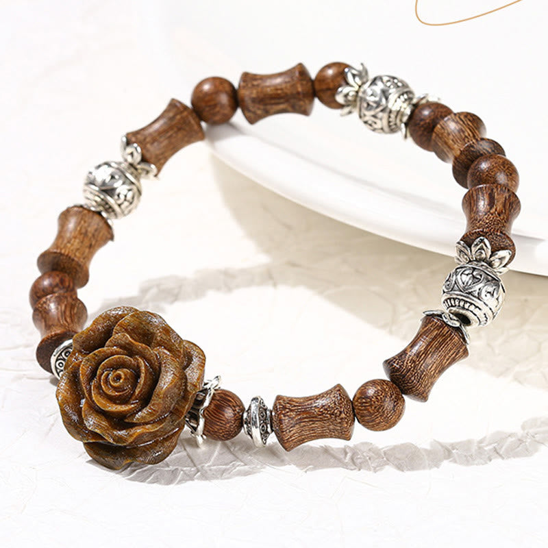 Braccialetto curativo con motivo di sandalo e bambù, motivo camelia , Buddha Stones