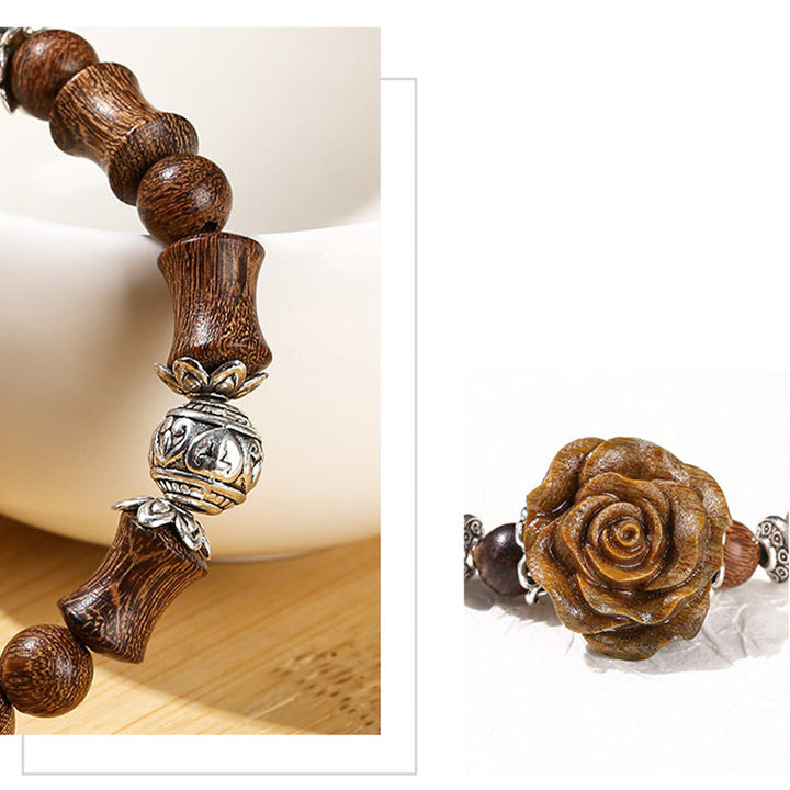 Braccialetto curativo con motivo di sandalo e bambù, motivo camelia , Buddha Stones