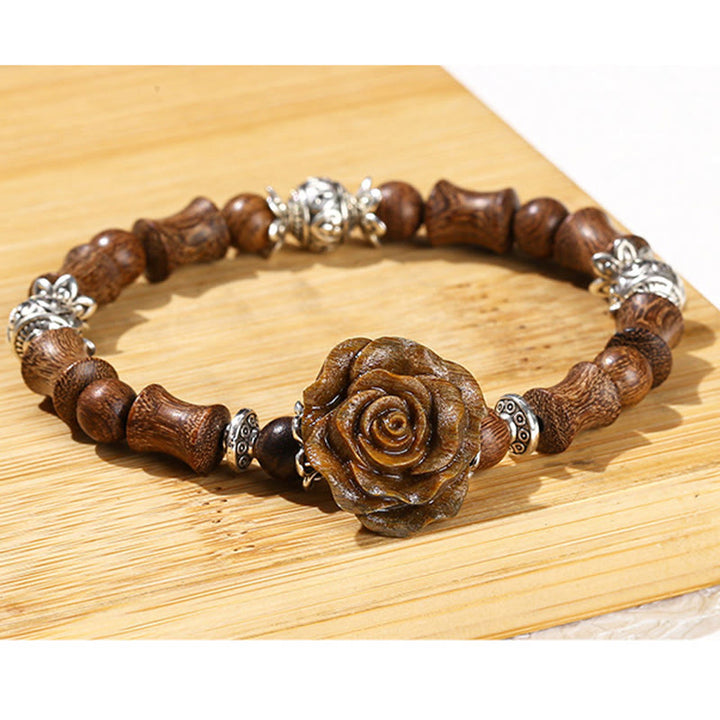 Braccialetto curativo con motivo di sandalo e bambù, motivo camelia , Buddha Stones