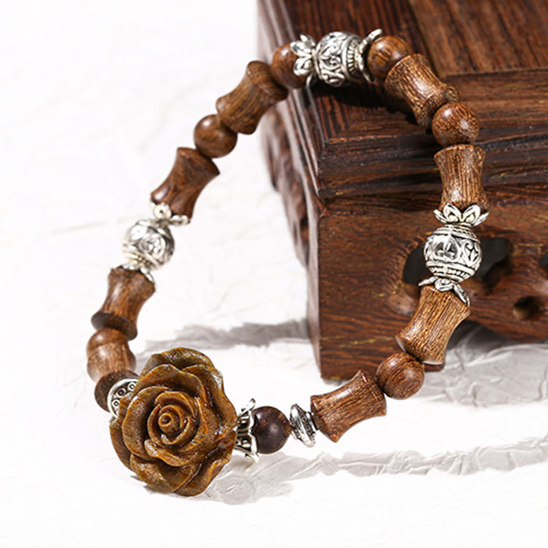 Braccialetto curativo con motivo di sandalo e bambù, motivo camelia , Buddha Stones