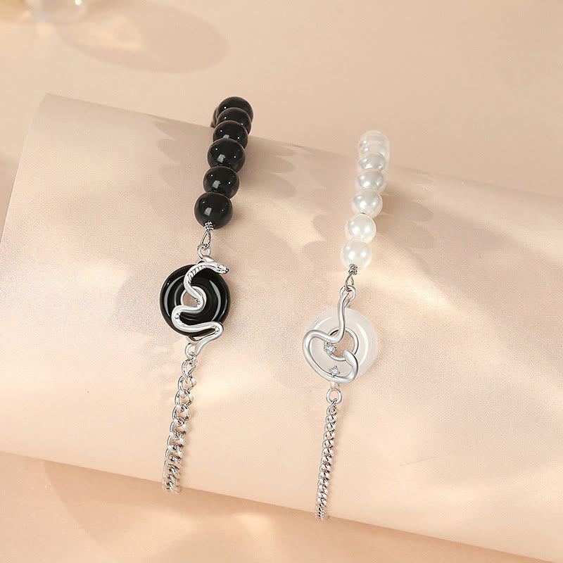 Buddha Stones Ossidiana nera Onice nero Calcedonio Fibbia della pace Argento sterling 925 Anno del serpente Perla Purificazione Bracciale di coppia