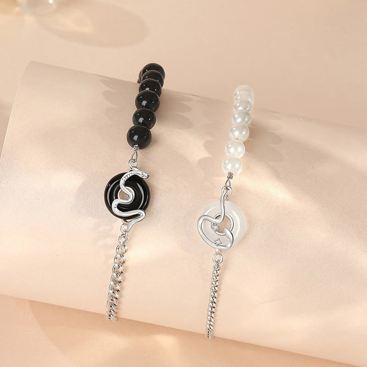 Buddha Stones Ossidiana nera Onice nero Calcedonio Fibbia della pace Argento sterling 925 Anno del serpente Perla Purificazione Bracciale di coppia