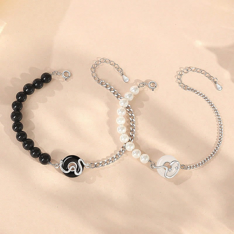 Buddha Stones Ossidiana nera Onice nero Calcedonio Fibbia della pace Argento sterling 925 Anno del serpente Perla Purificazione Bracciale di coppia