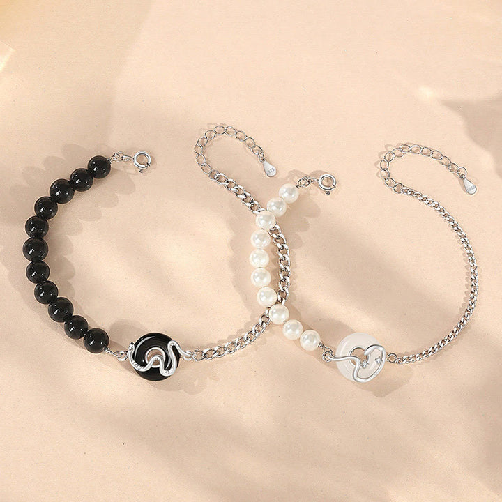 Buddha Stones Ossidiana nera Onice nero Calcedonio Fibbia della pace Argento sterling 925 Anno del serpente Perla Purificazione Bracciale di coppia