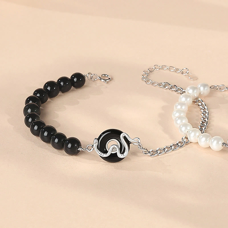 Buddha Stones Ossidiana nera Onice nero Calcedonio Fibbia della pace Argento sterling 925 Anno del serpente Perla Purificazione Bracciale di coppia