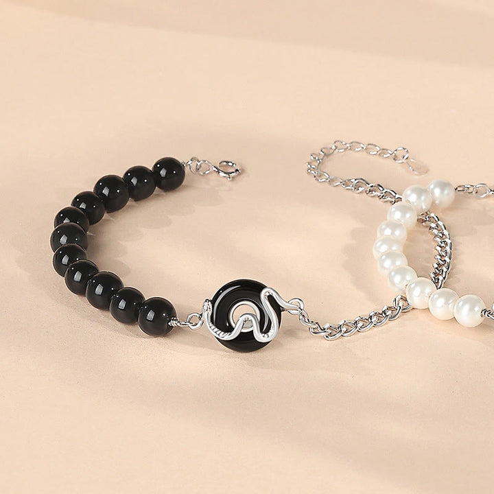 Buddha Stones Ossidiana nera Onice nero Calcedonio Fibbia della pace Argento sterling 925 Anno del serpente Perla Purificazione Bracciale di coppia