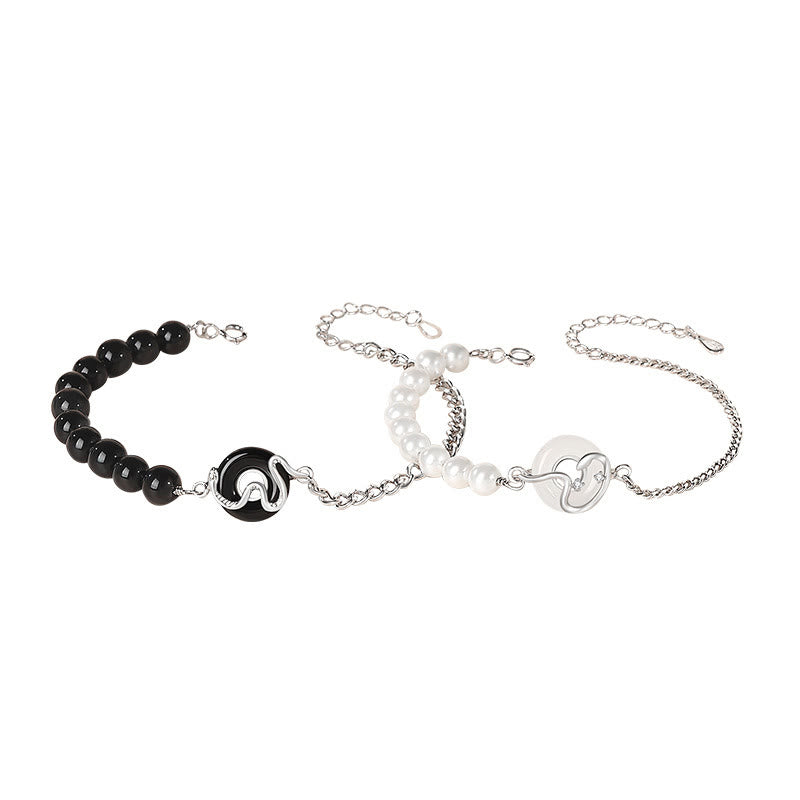 Buddha Stones Ossidiana nera Onice nero Calcedonio Fibbia della pace Argento sterling 925 Anno del serpente Perla Purificazione Bracciale di coppia