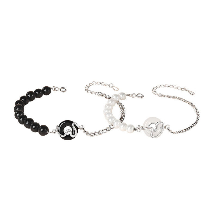 Buddha Stones Ossidiana nera Onice nero Calcedonio Fibbia della pace Argento sterling 925 Anno del serpente Perla Purificazione Bracciale di coppia