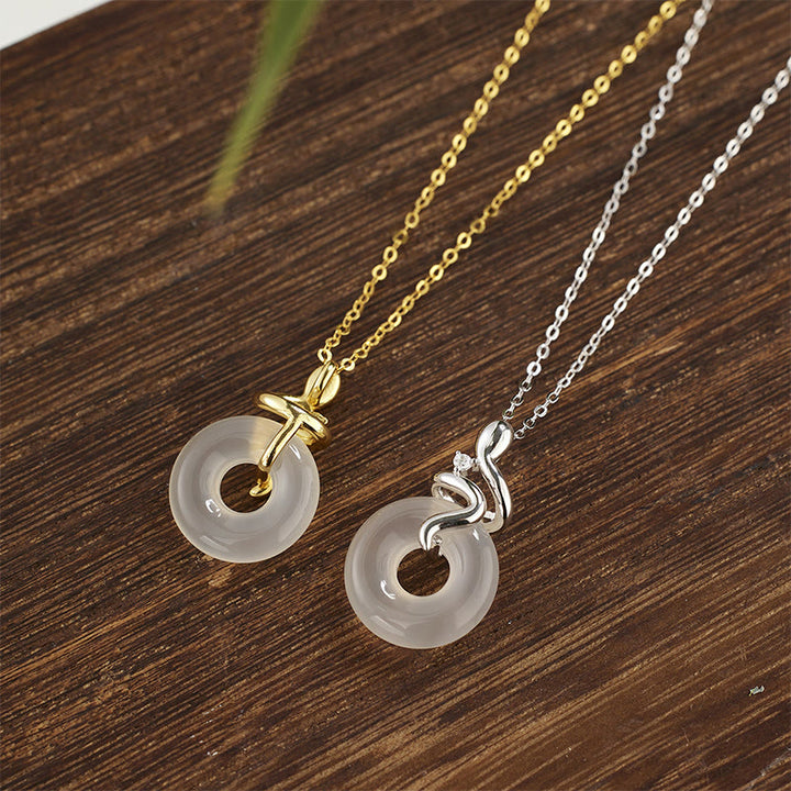 Buddha Stones 925 Sterling Silver Anno del serpente Calcedonio Pace fibbia Collana pendente positivo - image 1