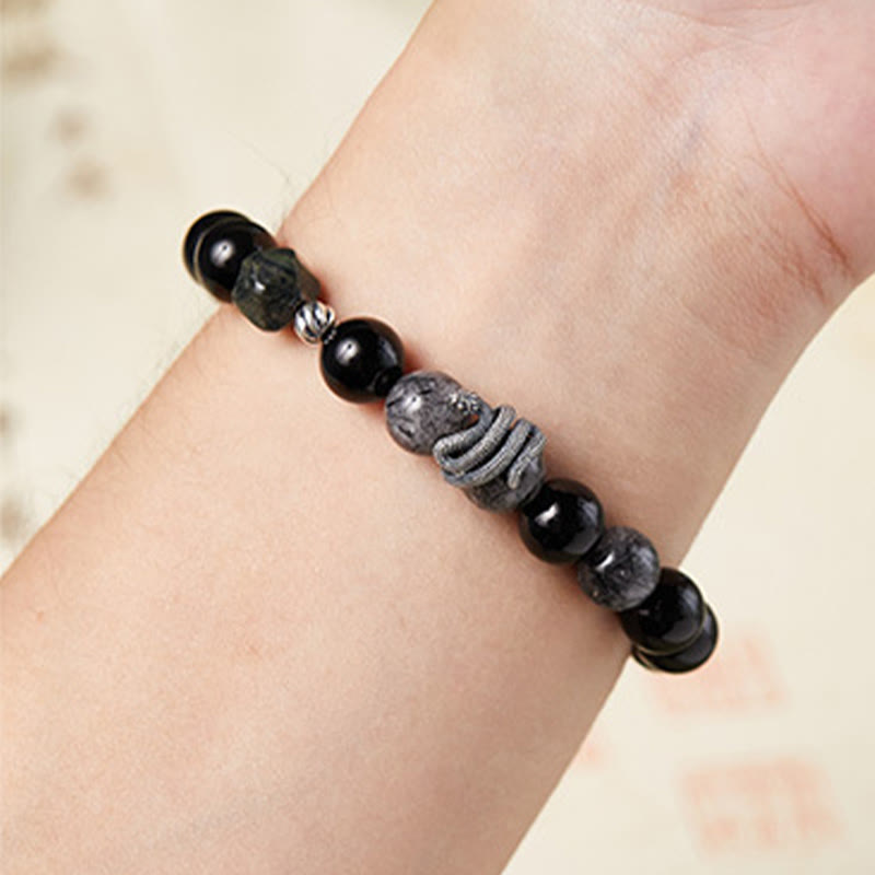 Buddha Stones Ossidiana nera Quarzo rutilato nero Argento Sterling 925 Braccialetto di purificazione dell'anno del serpente
