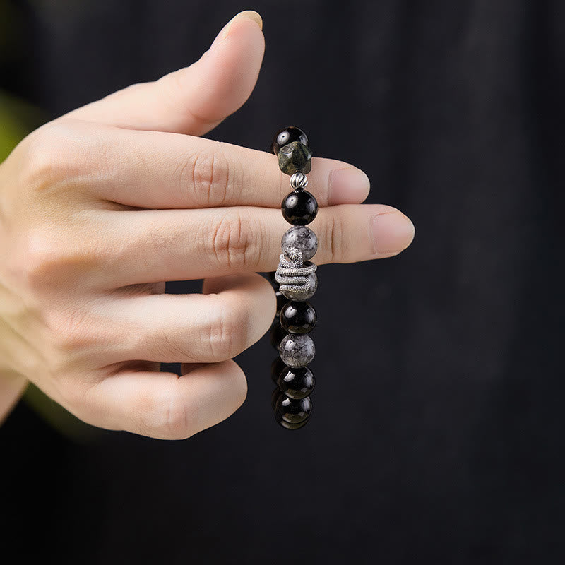 Buddha Stones Ossidiana nera Quarzo rutilato nero Argento Sterling 925 Braccialetto di purificazione dell'anno del serpente